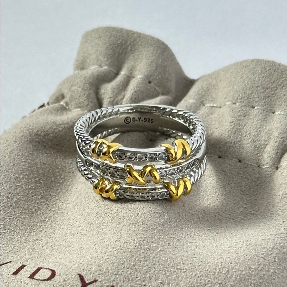David Yurman Two-Tone Diamond Cable Stackable Ring - Silver & Gold sz8